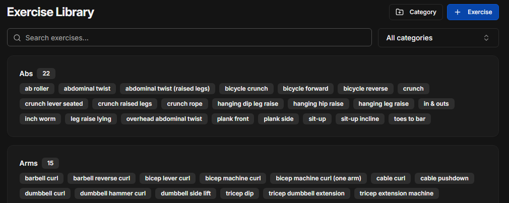 Custom exercises and workout categories in Gym Session