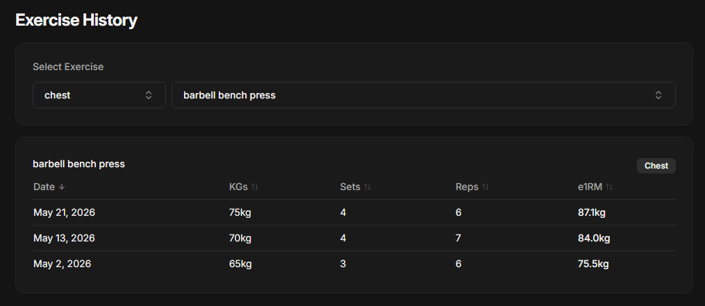 Exercise history and personal record tracking in Gym Session