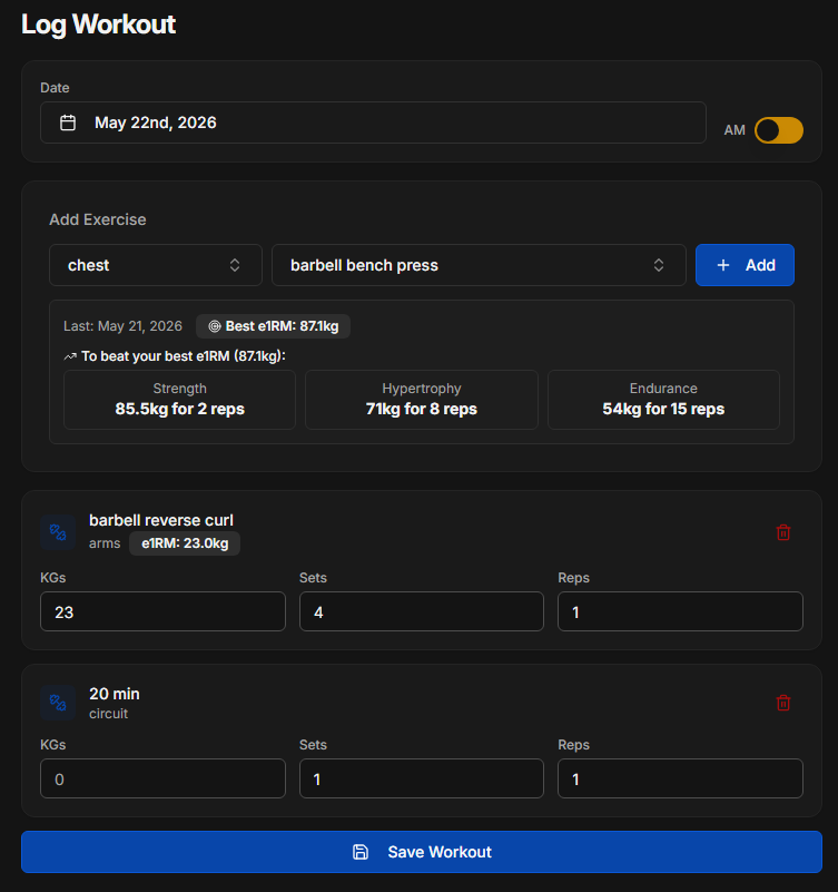 Logging a workout on the Gym Session mobile app